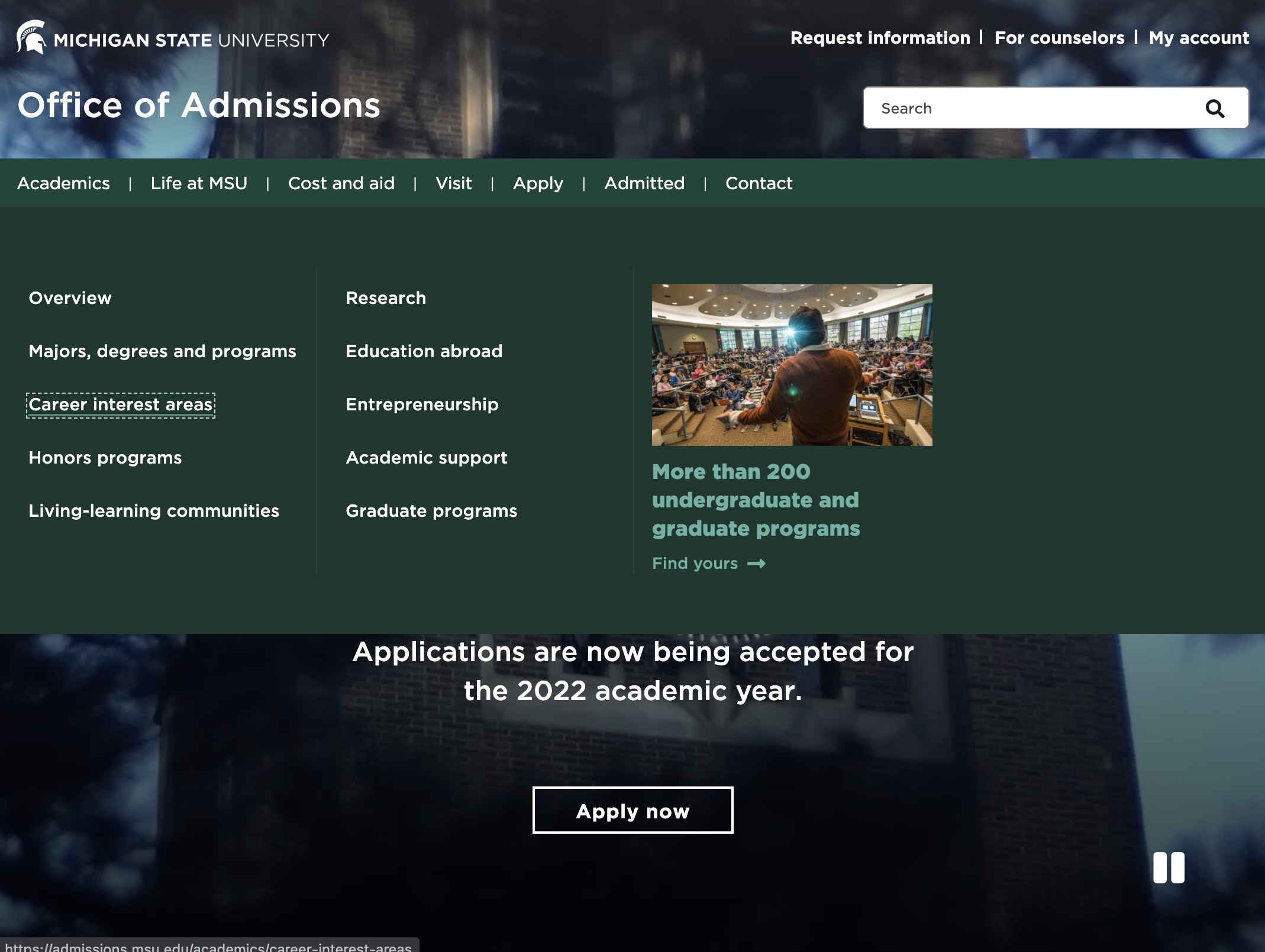 Screenshot of the fully accessible tiered new Michigan State University Admission website
