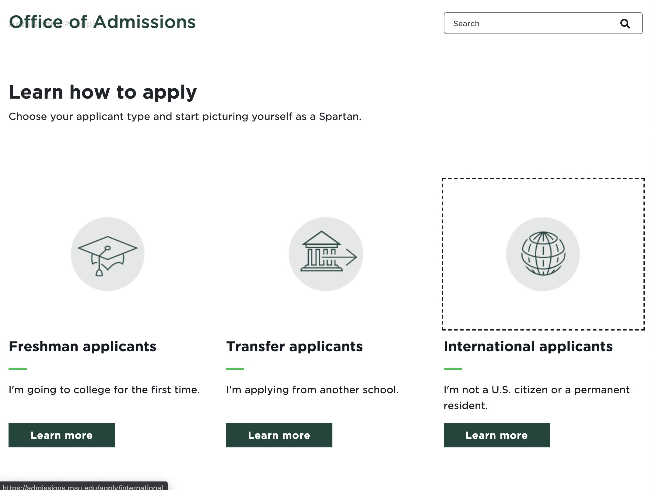 Screenshot of the fully accessible tiered new Michigan State University Admission website