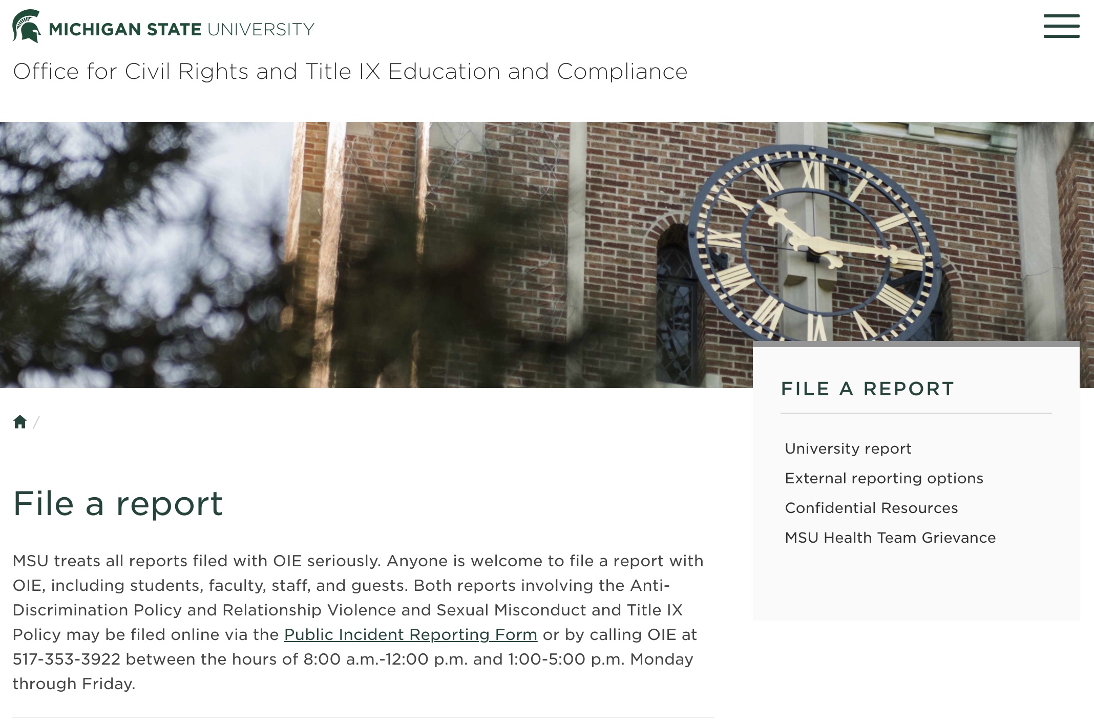Screenshot of the fully accessible Michigan State University Title IX website